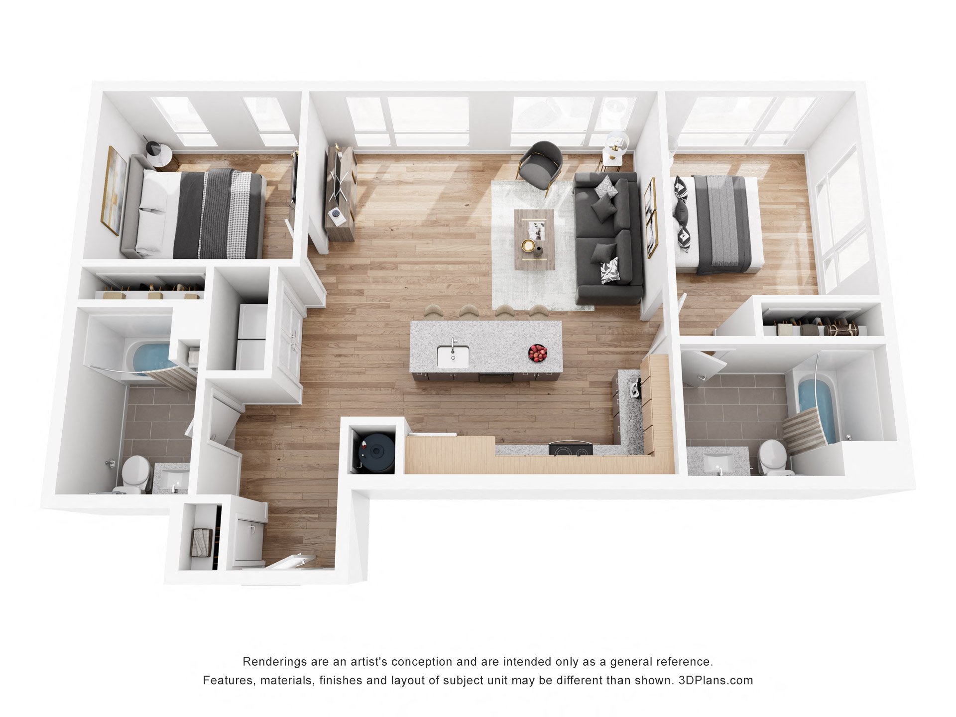 Floor plan for 2 beds, 2 baths, 979 sqft